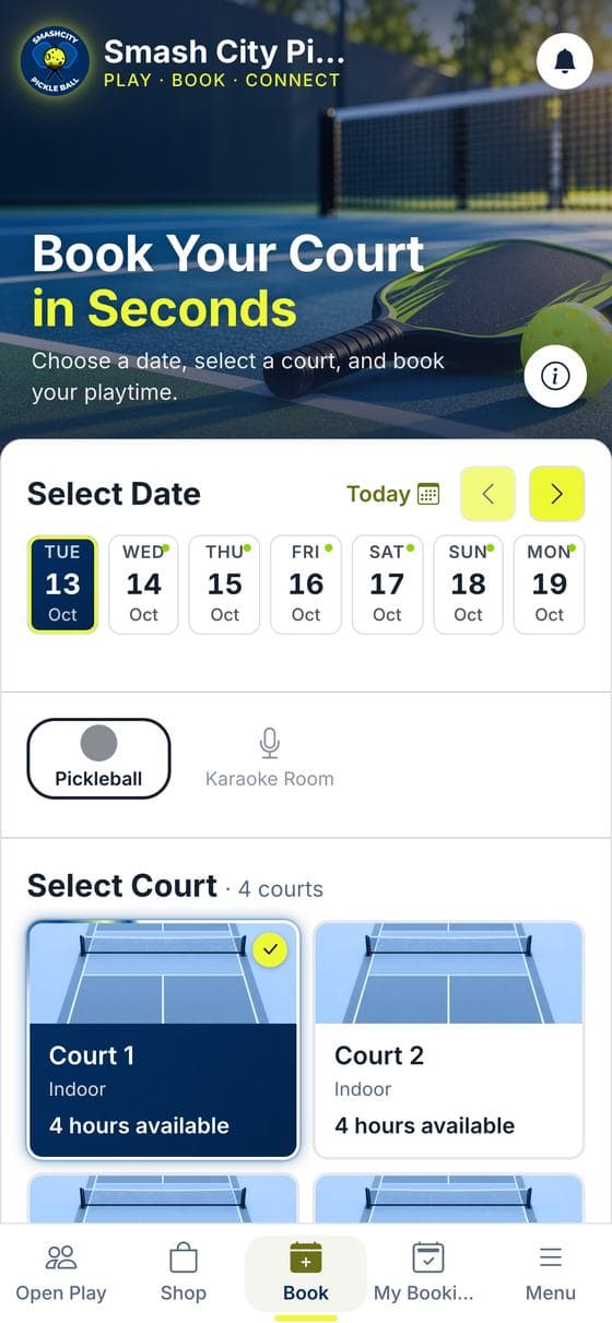 Booking site: pick a date and court