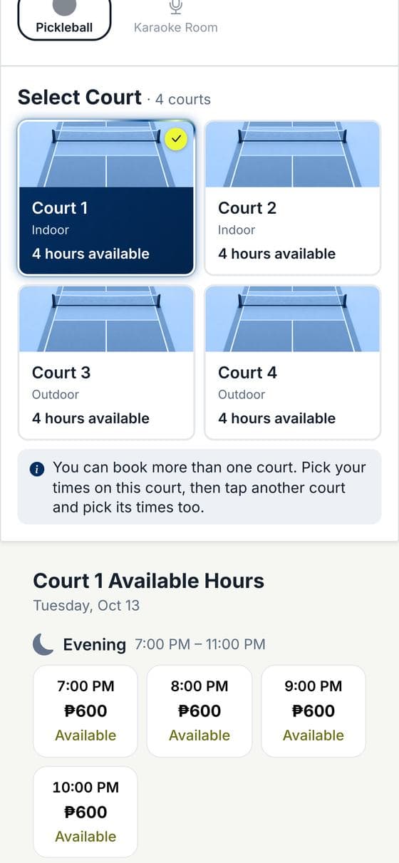 Booking site: live court availability
